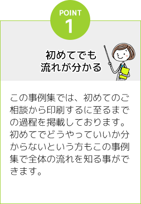 [POINT1]初めてでも流れが分かる：この事例集では、初めてのご相談から印刷するに至るまでの過程を掲載しております。初めてでどうやっていいか分からないという方もこの事例集で全体の流れを知る事ができます。