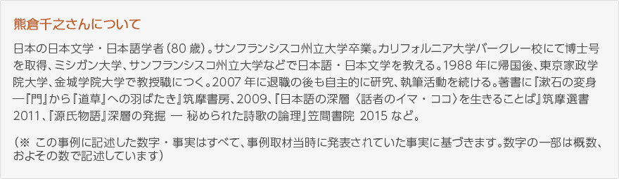 熊倉千之さんについて：日本の日本文学・日本語学者（80歳）。サンフランシスコ州立大学卒業。カリフォルニア大学バークレー校にて博士号を取得、ミシガン大学、サンフランシスコ州立大学などで日本語・日本文学を教える。1998年に帰国後、東京家政学院大学、金城学院大学で教授職につく。2007年に退職の後も自主的に研究、執筆活動を続ける。著者に『漱石の変身─『門』から『道草』への羽ばたき』筑摩書房（2009）、『日本語の真相<話者のイマ・ココ>を生きることば』筑摩選書（2011）、『『源氏物語』真相の発掘─秘められた詩歌の論理』笹間書院（2015）など。（※この事例に記述した数字・事実はすべて、事例取材当時に発表されていた事実に基づきます。数字の一部は概数、およその数で記述しています。