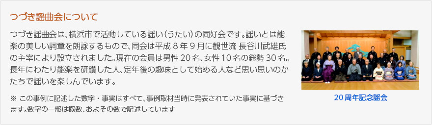 つづき謡曲会について：つづき謡曲会は、横浜市で活動している謡い（うたい）の同好会です。謡いとは能楽の美しい詞章を朗詠するもので、同会は平成8年9月に観世流 長谷川武雄氏の主宰により設立されました。現在の会員は男性20名、女性10名の総勢30名。長年にわたり能楽を研鑽した人、定年後の趣味として始める人など思い思いのかたちで謡いを楽しんでいます。※ この事例に記述した数字・事実はすべて、事例取材当時に発表されていた事実に基づきます。数字の一部は概数、およその数で記述しています（写真：20周年記念謡会の集合写真）